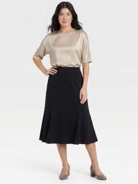 Chaps NEW Tulip Midi Skirt A Line Stretch Preppy Minimalist Zip 10 Luxury Black